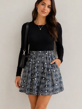 Free People Paperbag Waist Skirt – Size M- 100% Cotton, Canadian White Geometric